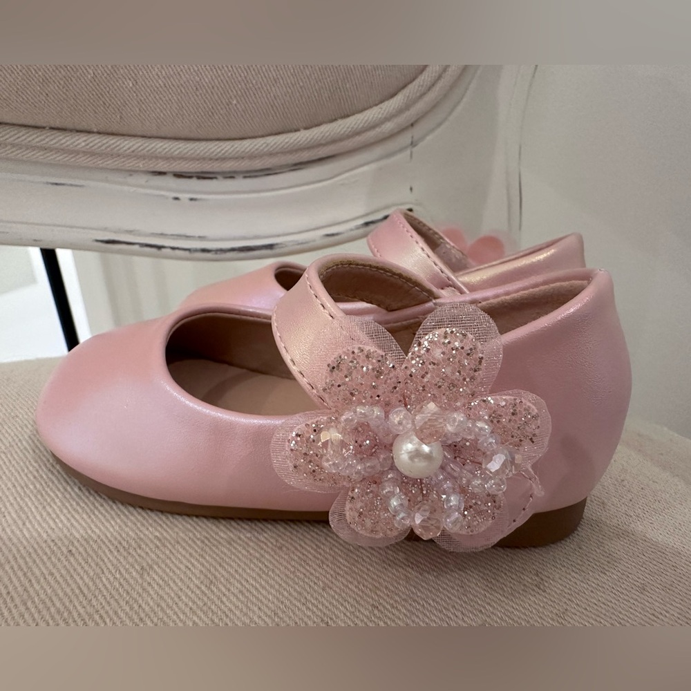 🎀 9~12 Mth Baby Girls Fancy Pink Floral & Pearl Mary Jane Dress Shoes NWT